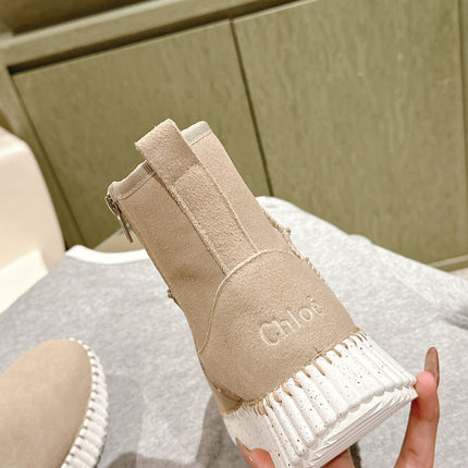 CHLOÉ 26S SHEARLING ANKLE BOOTS IN BEIGE SUEDE
