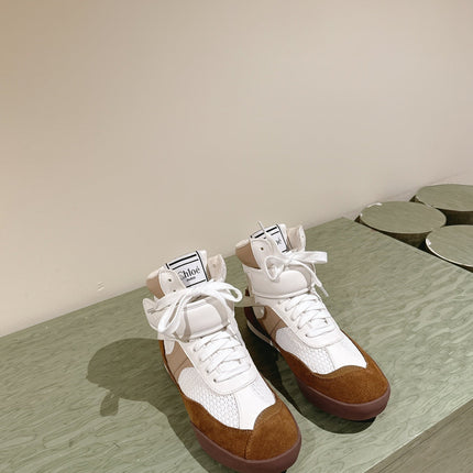 CHLOÉ 26S HIGH-TOP SNEAKERS IN WHITE CALFSKIN AND BROWN SUEDE