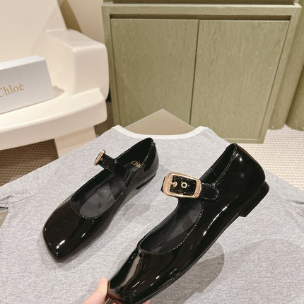 CHLOÉ 26S MARY JANE FLATS IN BLACK GLOSSY CALFSKIN