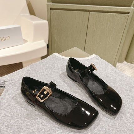 CHLOÉ 26S MARY JANE FLATS IN BLACK GLOSSY CALFSKIN