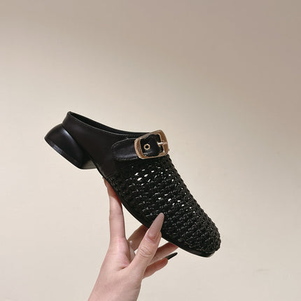 CHLOÉ 26S WOVEN MULES IN BLACK CALFSKIN