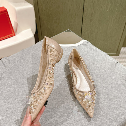 RENE CAOVILLA 26S BALLET FLATS IN BEIGE LACE FABRIC CRYSTAL EMBELLISHED