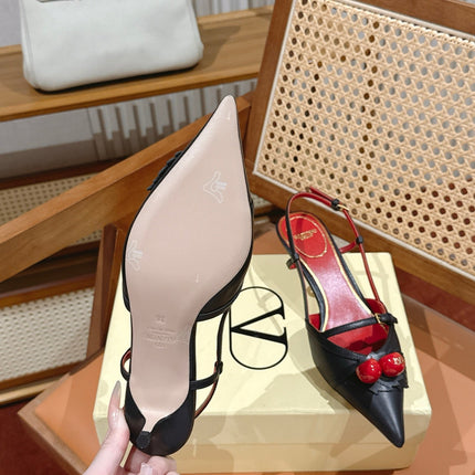 VALENTINO 26S SLINGBACKS 45 MM IN BLACK CALFSKIN CHERRY DETAILS