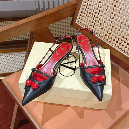 VALENTINO 26S SLINGBACKS 45 MM IN BLACK CALFSKIN CHERRY DETAILS
