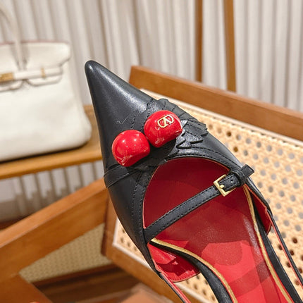 VALENTINO 26S SLINGBACKS 45 MM IN BLACK CALFSKIN CHERRY DETAILS