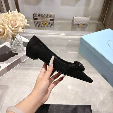PRADA 26S POINTED TOE BALLET FLATS IN BLACK SUEDE WITH FLORAL