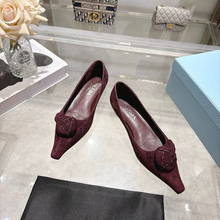 PRADA 26S POINTED TOE BALLET FLATS IN BURGUNDY RED SUEDE WITH FLORAL