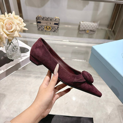 PRADA 26S POINTED TOE BALLET FLATS IN BURGUNDY RED SUEDE WITH FLORAL
