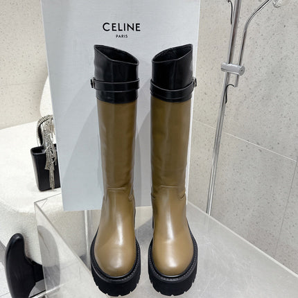 CELINE 26S KNEE-HIGH BOOTS IN OLIVE BROWN AND BLACK CALFSKIN