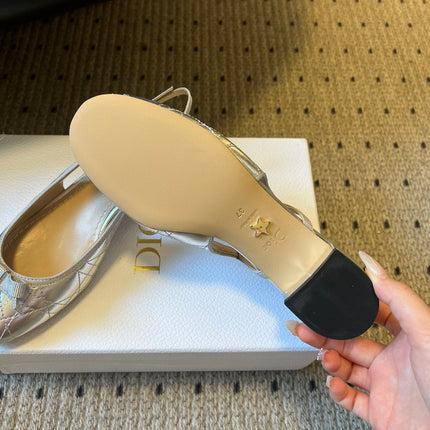 DIOR 26S OPEN BACK SANDALS IN SILVER CALFSKIN WITH PEARL BOW