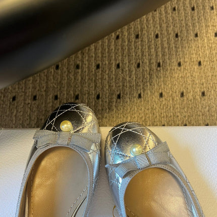 DIOR 26S OPEN BACK SANDALS IN SILVER CALFSKIN WITH PEARL BOW