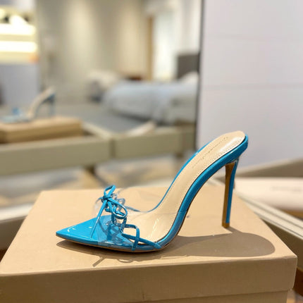 GIANVITO ROSSI 26S HEELED SANDALS 105 MM IN AZURE BLUE PATENT CALFSKIN WITH BOW