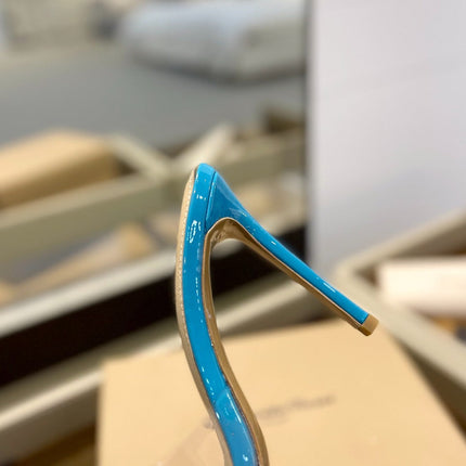 GIANVITO ROSSI 26S HEELED SANDALS 105 MM IN AZURE BLUE PATENT CALFSKIN WITH BOW