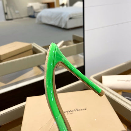 GIANVITO ROSSI 26S HEELED SANDALS 105 MM IN GREEN PATENT CALFSKIN WITH BOW