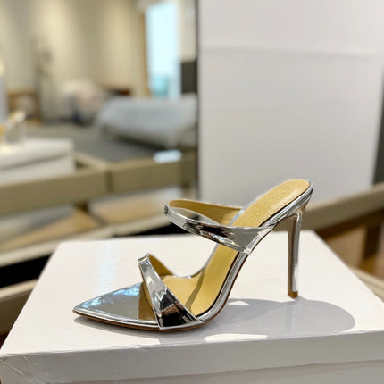 GIANVITO ROSSI 26S POINTED-TOE HEELED SANDALS 105 MM IN SILVER PATENT CALFSKIN