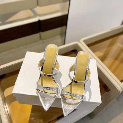 GIANVITO ROSSI 26S POINTED-TOE HEELED SANDALS 105 MM IN SILVER PATENT CALFSKIN