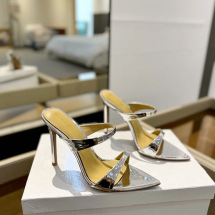 GIANVITO ROSSI 26S POINTED-TOE HEELED SANDALS 105 MM IN SILVER PATENT CALFSKIN