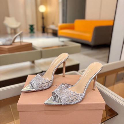 GIANVITO ROSSI 26S HEELED SANDALS 105 MM IN SILVER LACE AND LAMBSKIN