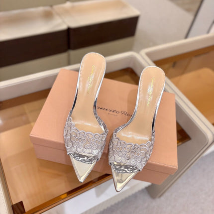 GIANVITO ROSSI 26S HEELED SANDALS 105 MM IN SILVER LACE AND LAMBSKIN