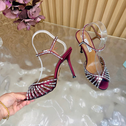 AQUAZZURA 26S CRYSTAL SANDALS 85 MM IN DARK RED SATIN