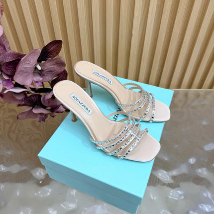 AQUAZZURA 26S CRYSTAL HIGH-HEEL SLIDES 85 MM IN BEIGE SATIN