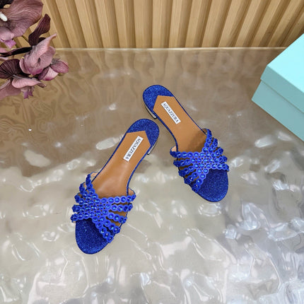 AQUAZZURA 26S SLIDES IN NAVY BLUE LUREX FABRIC