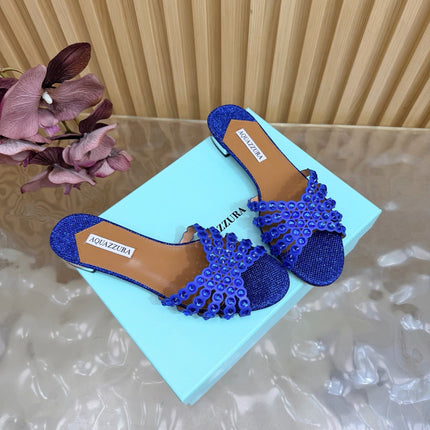 AQUAZZURA 26S SLIDES IN NAVY BLUE LUREX FABRIC