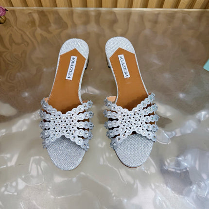 AQUAZZURA 26S SLIDES IN SILVER LUREX FABRIC