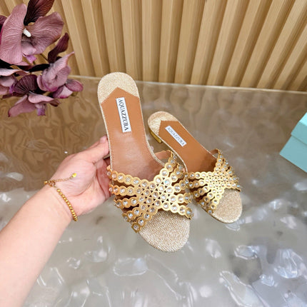 AQUAZZURA 26S SLIDES IN BEIGE LUREX FABRIC