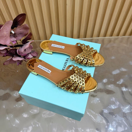 AQUAZZURA 26S SLIDES IN METALLIC GOLD CALFSKIN CRYSTAL-EMBELLISHED STRAPS