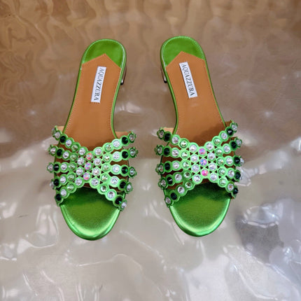AQUAZZURA 26S SLIDES IN GREEN LAMBSKIN CRYSTAL EMBELLISHED