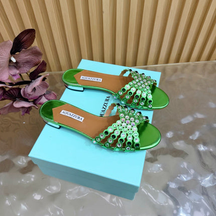 AQUAZZURA 26S SLIDES IN GREEN LAMBSKIN CRYSTAL EMBELLISHED