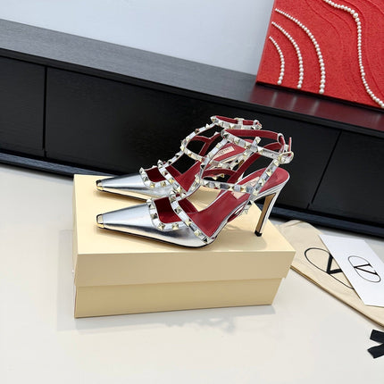 VALENTINO 26S ROCKSTUD SLINGBACK PUMPS 100 MM IN METALLIC SILVER CALFSKIN