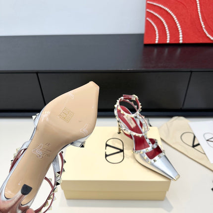 VALENTINO 26S ROCKSTUD SLINGBACK PUMPS 100 MM IN METALLIC SILVER CALFSKIN