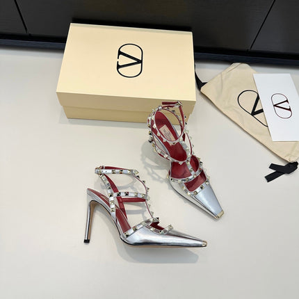 VALENTINO 26S ROCKSTUD SLINGBACK PUMPS 100 MM IN METALLIC SILVER CALFSKIN