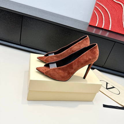VALENTINO 26S PEEP-TOE HIGH HEELS 100 MM IN BRICK BROWN SUEDE