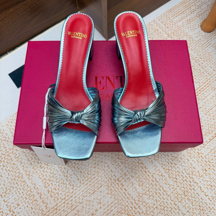 VALENTINO 26S BLOCK-HEEL SANDALS 65 MM IN METALLIC BLUE CALFSKIN