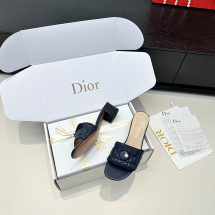 DIOR 26S BLOCK HEEL SLIDE SANDALS IN NAVY BLUE QUILTED CALFSKIN WITH BOW