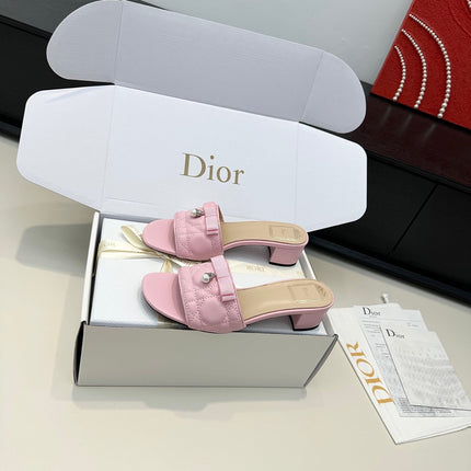 DIOR 26S BLOCK HEEL SLIDE SANDALS IN PINK QUILTED CALFSKIN WITH BOW