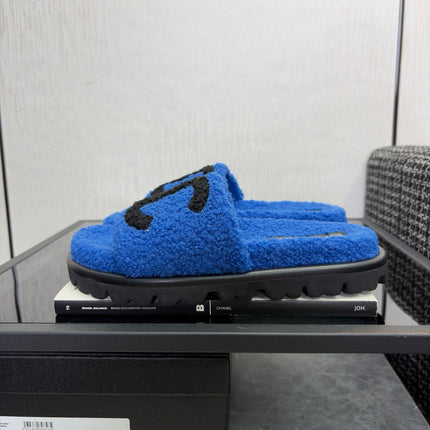 CHANEL 26S SLIDE SANDALS IN BLACK AND BLUE SHEARLING OPEN TOE