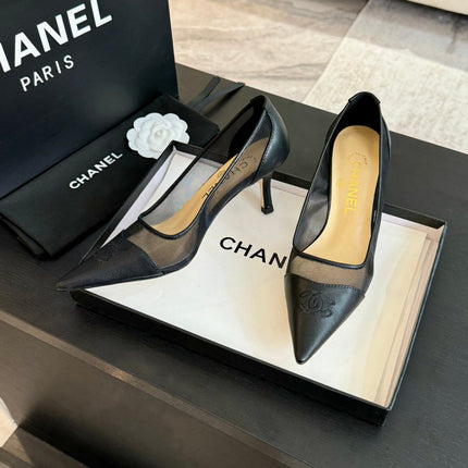 MESH LOGO HEELS IN BLACK LAMBSKIN