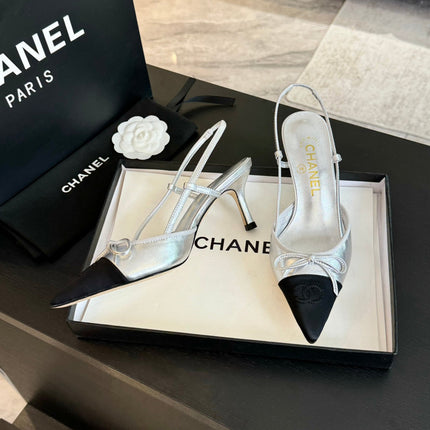 SLINGBACK WITH BOW IN SILVER MIX BLACK LAMBSKIN