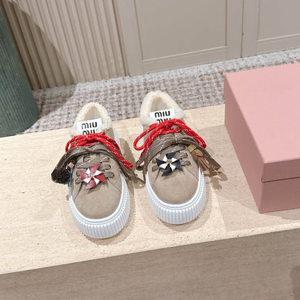 MIUMIU 25S SNEAKERS 50MM IN DARK BEIGE SUEDE WITH SHEARLING