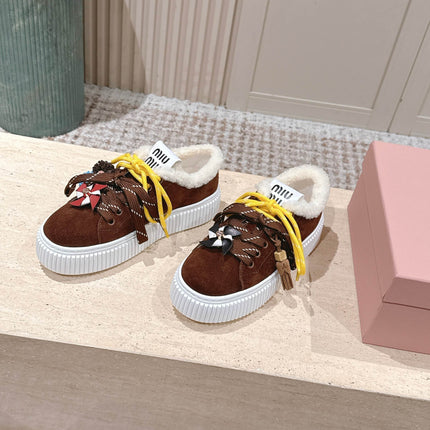 MIUMIU 25S SNEAKERS 50MM IN DARK BROWN SUEDE WITH SHEARLING