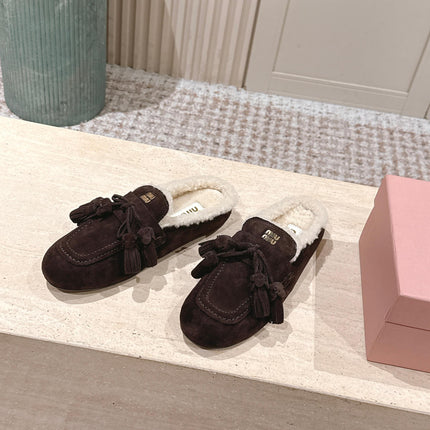 MIUMIU 25S MULES IN DARK BROWN SUEDE WITH SHEARLING