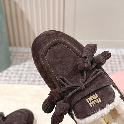 MIUMIU 25S MULES IN DARK BROWN SUEDE WITH SHEARLING