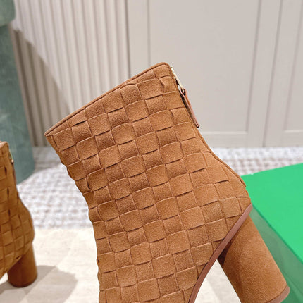 BOTTEGA VENETA 26S INTRECCIATO BOOTS 85 MM IN BROWN SUEDE