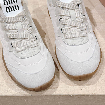 MIUMIU 25S SNEAKERS IN IVORY TYRE TECHNICAL FABRIC AND SUEDE SHEARLING