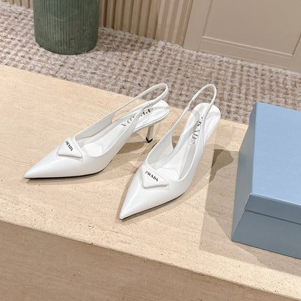 PRADA 26S POINTED-TOE SLINGBACK HEELS 75MM IN WHITE SHINY CALFSKIN