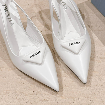 PRADA 26S POINTED-TOE SLINGBACK HEELS 75MM IN WHITE SHINY CALFSKIN